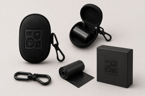 Black dog poop bag holder set with case and accessories on white background