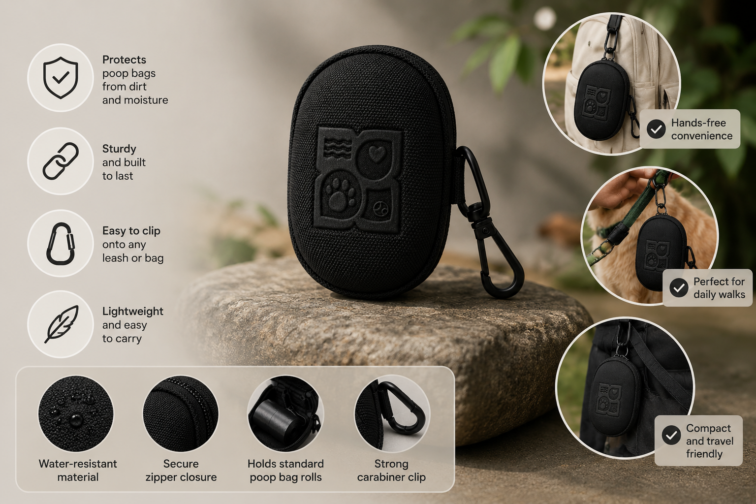 Black dog poop bag holder with carabiner clip on a stone outdoors