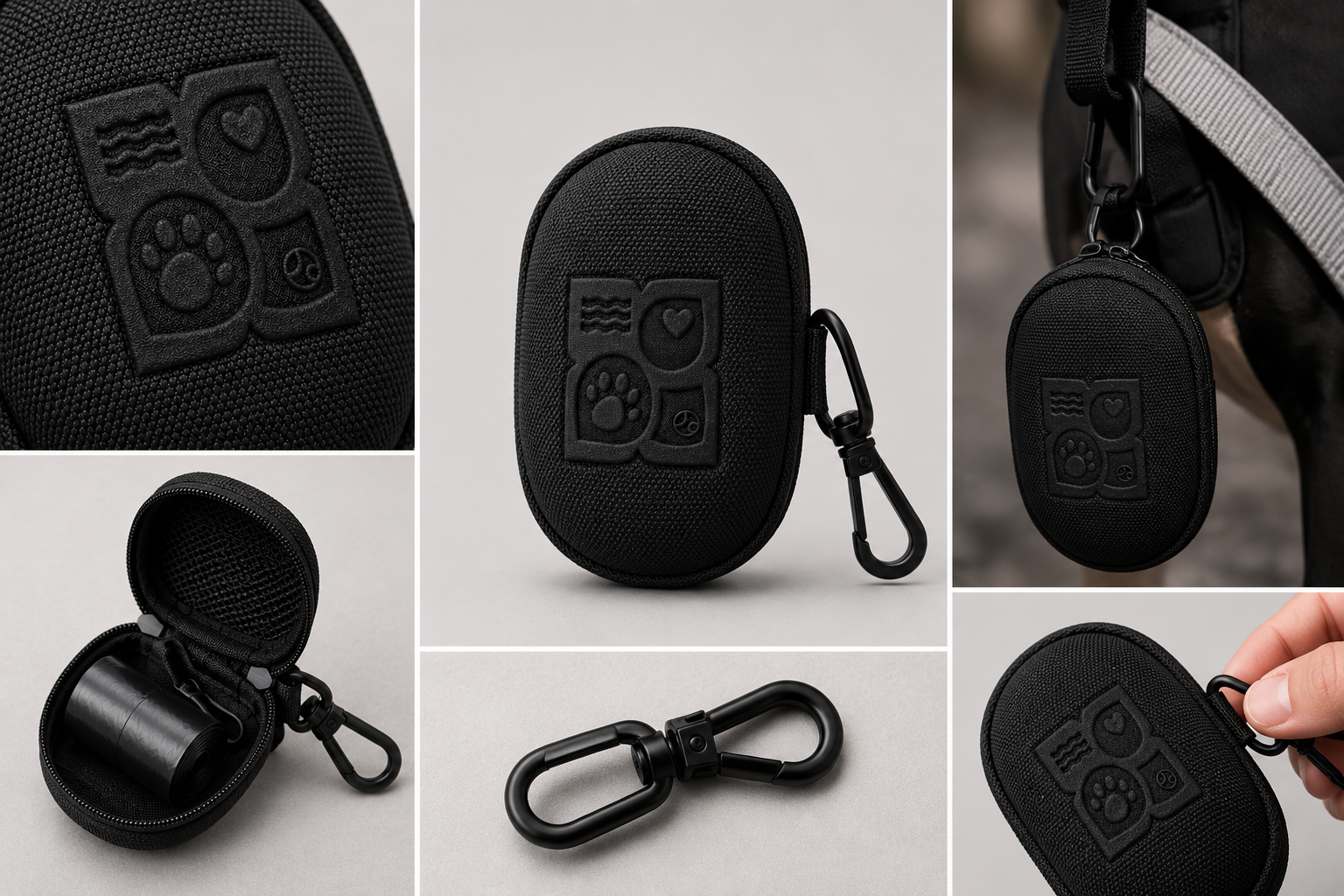 Black dog poop bag holder with clip and carabiner for easy access outdoors