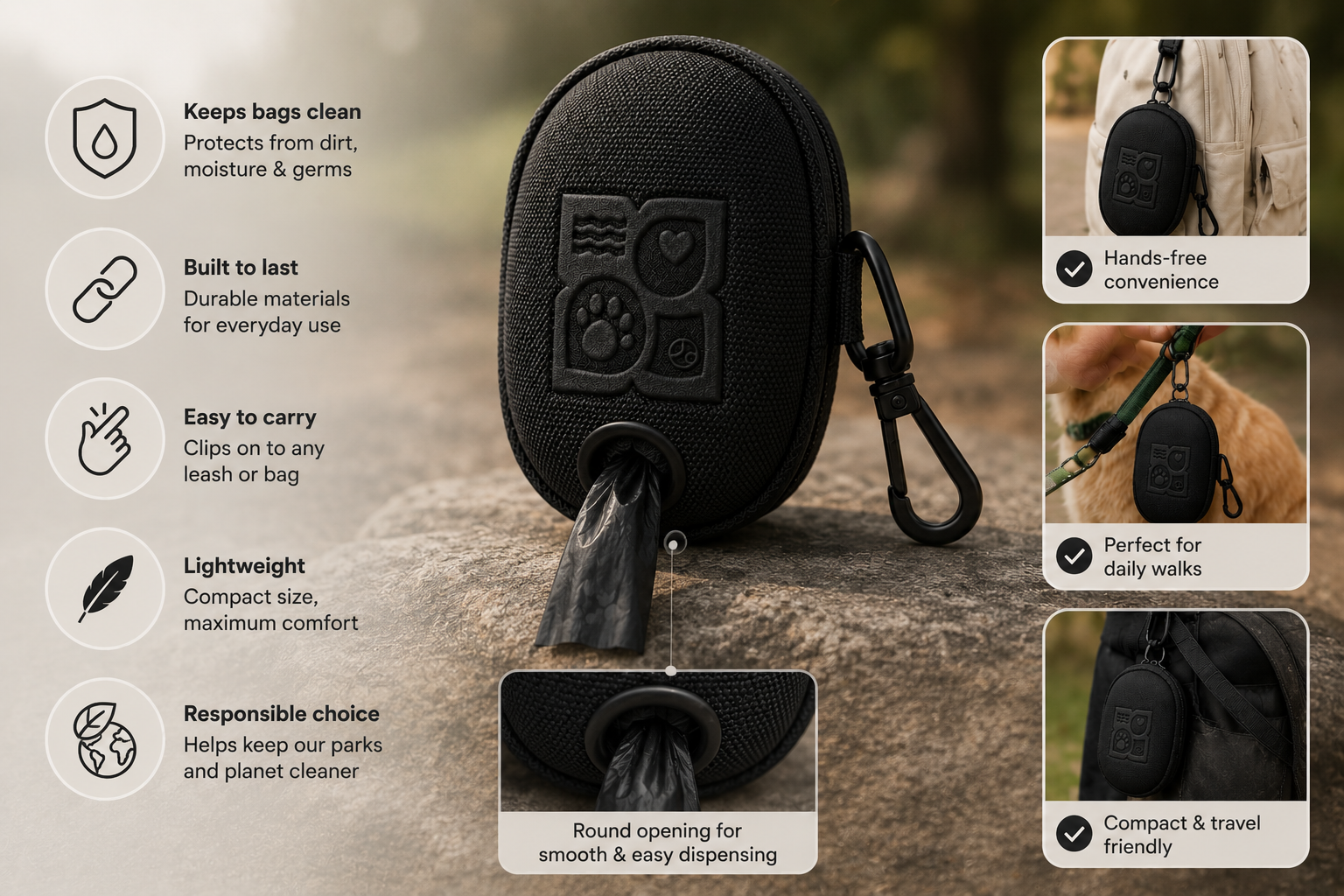 Black dog poop bag holder with paw print design on a stone surface outdoors