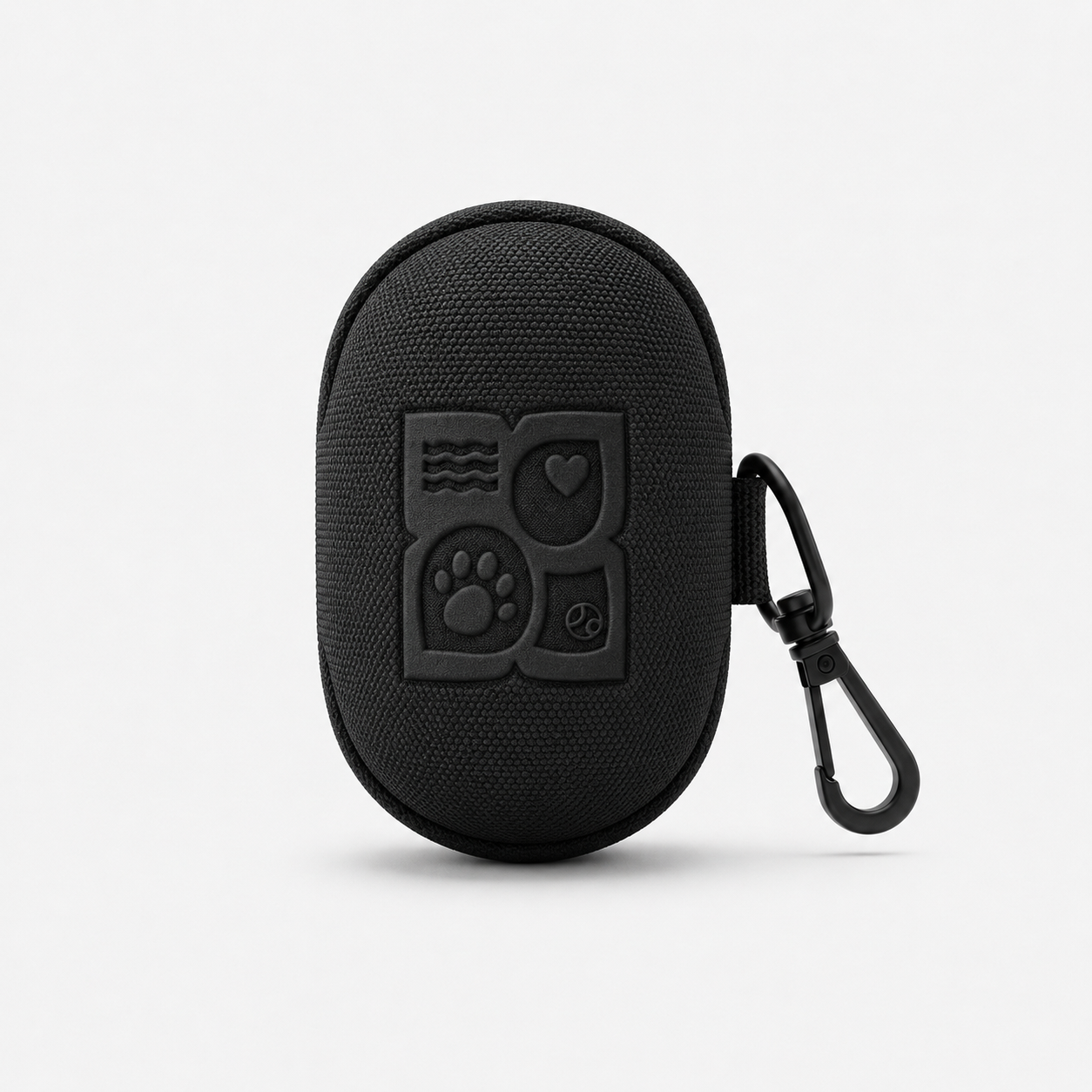 Black oval textured pouch with embossed dog-themed design and clip
