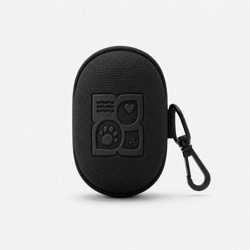 Black oval textured pouch with embossed dog-themed design and clip