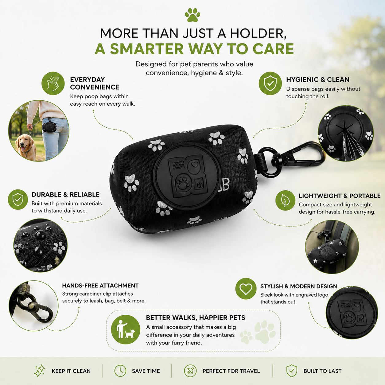 Black dog poop bag holder with white paw prints and carabiner clip attached