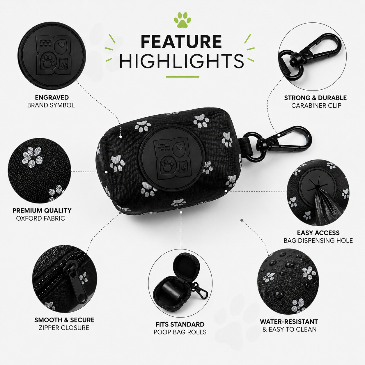 Black dog poop bag holder with white paw prints and carabiner clip features