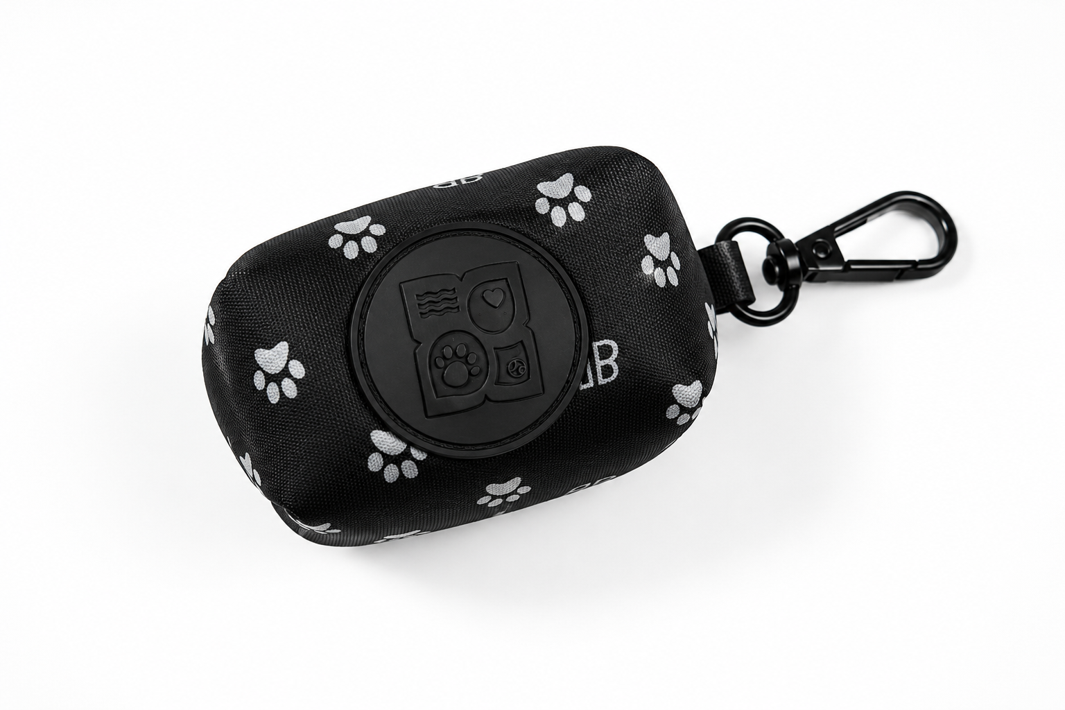 Black dog poop bag holder with white paw prints and clip