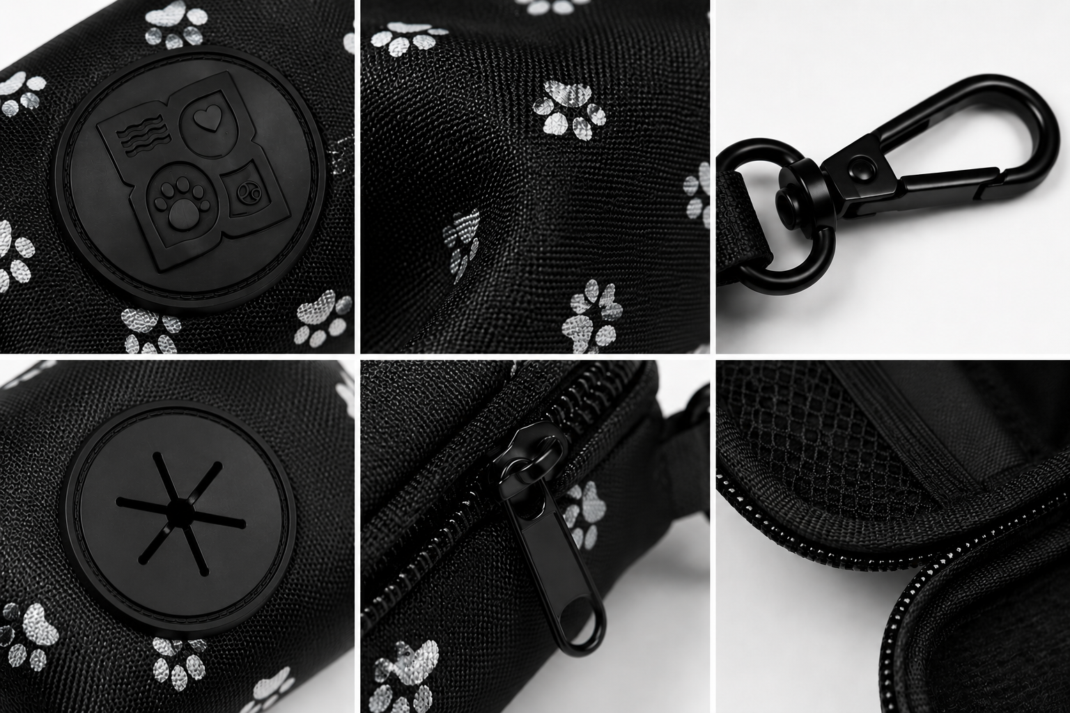Black pet bag with white paw print design and black hardware close-up