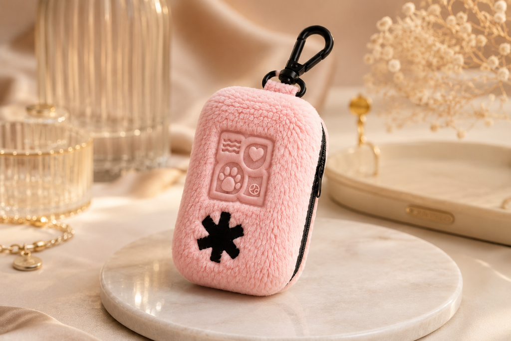 A pink fuzzy first aid kit case with a black clip and asterisk on a marble plate