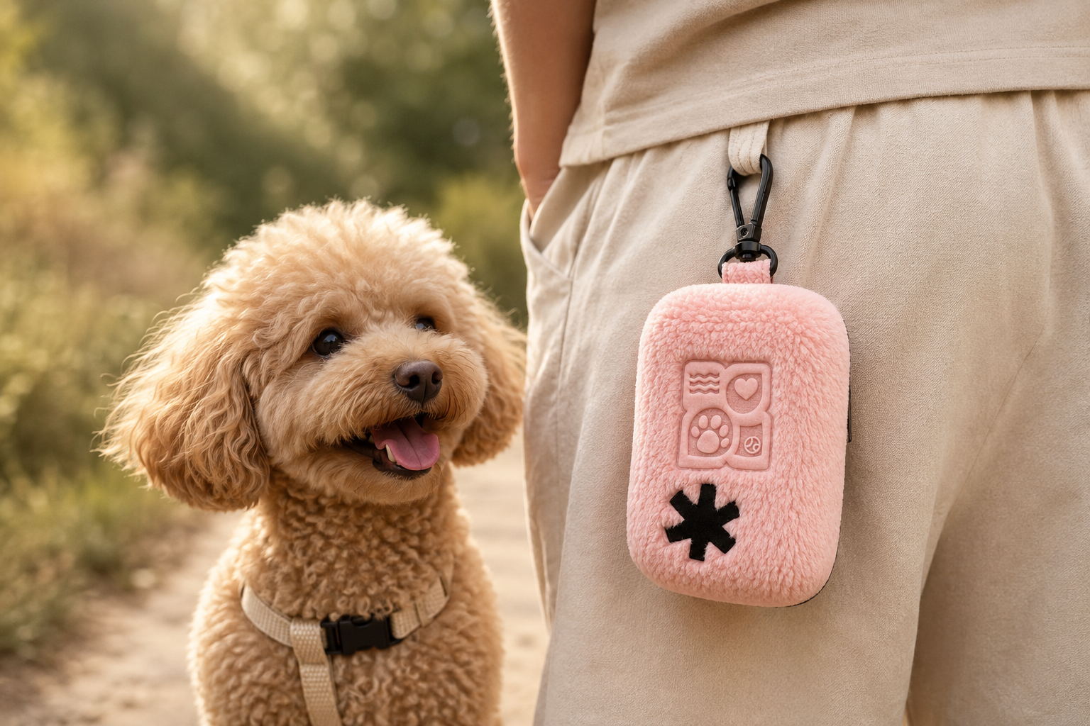 A small tan poodle wearing a harness stands next to a person with a pink poop bag holder
