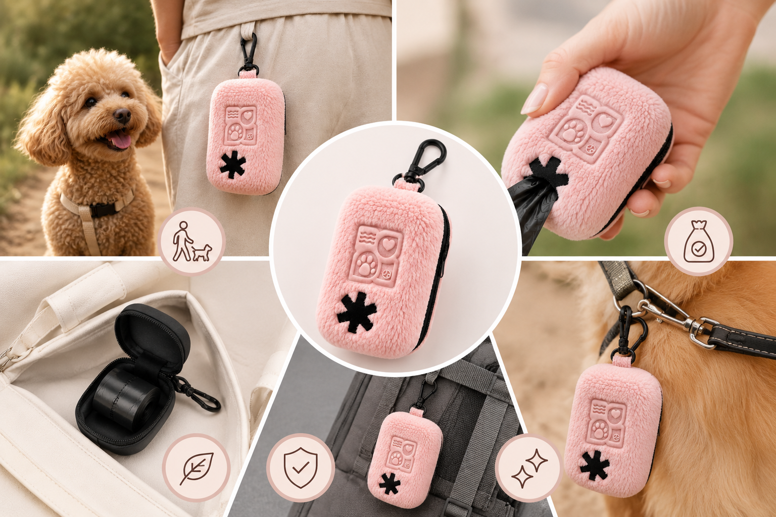 Pink dog poop bag holder with black accents and clip on a leash