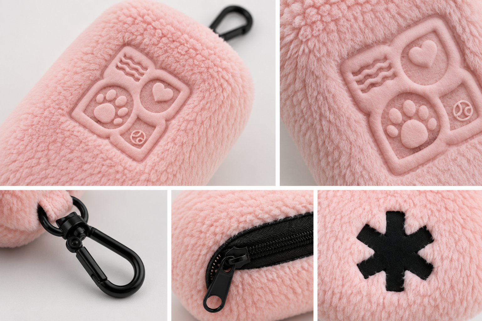 Pink fuzzy dog poop bag holder with black clip and zipper close-up details