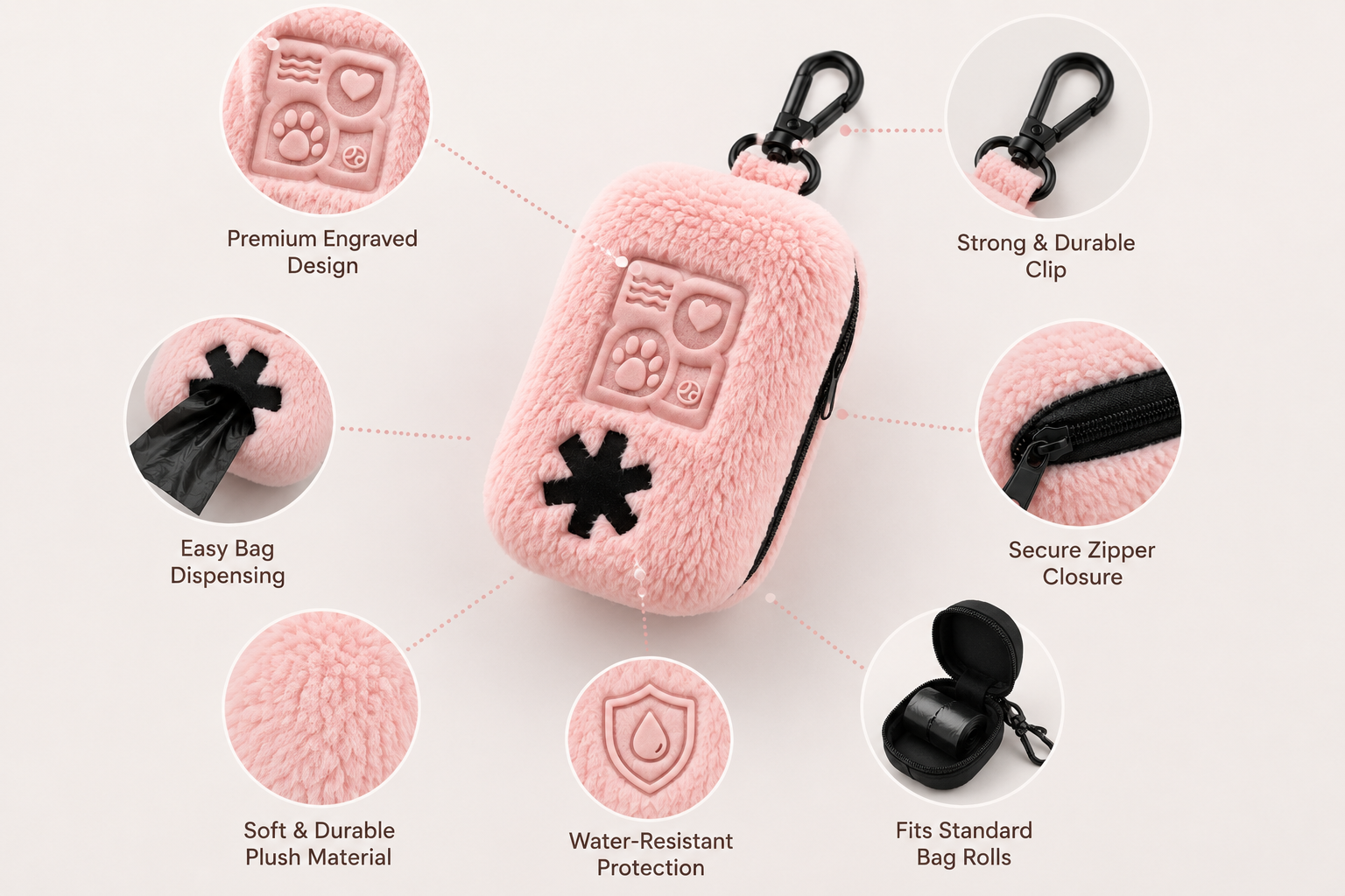 Pink fuzzy dog poop bag holder with clip and black accents shown with features