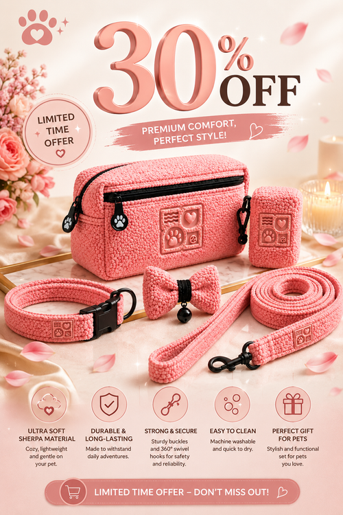 Pink pet accessories set with 30% off limited time offer on premium comfort style