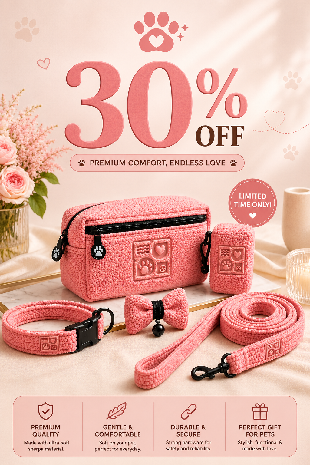 Pink pet accessories set with 30% off sale for premium comfort and endless love
