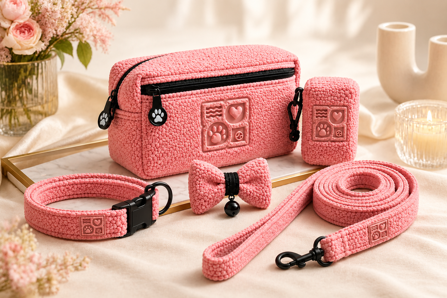 Pink pet accessories set with bag, leash, collar, bow tie on elegant cream surface with flowers