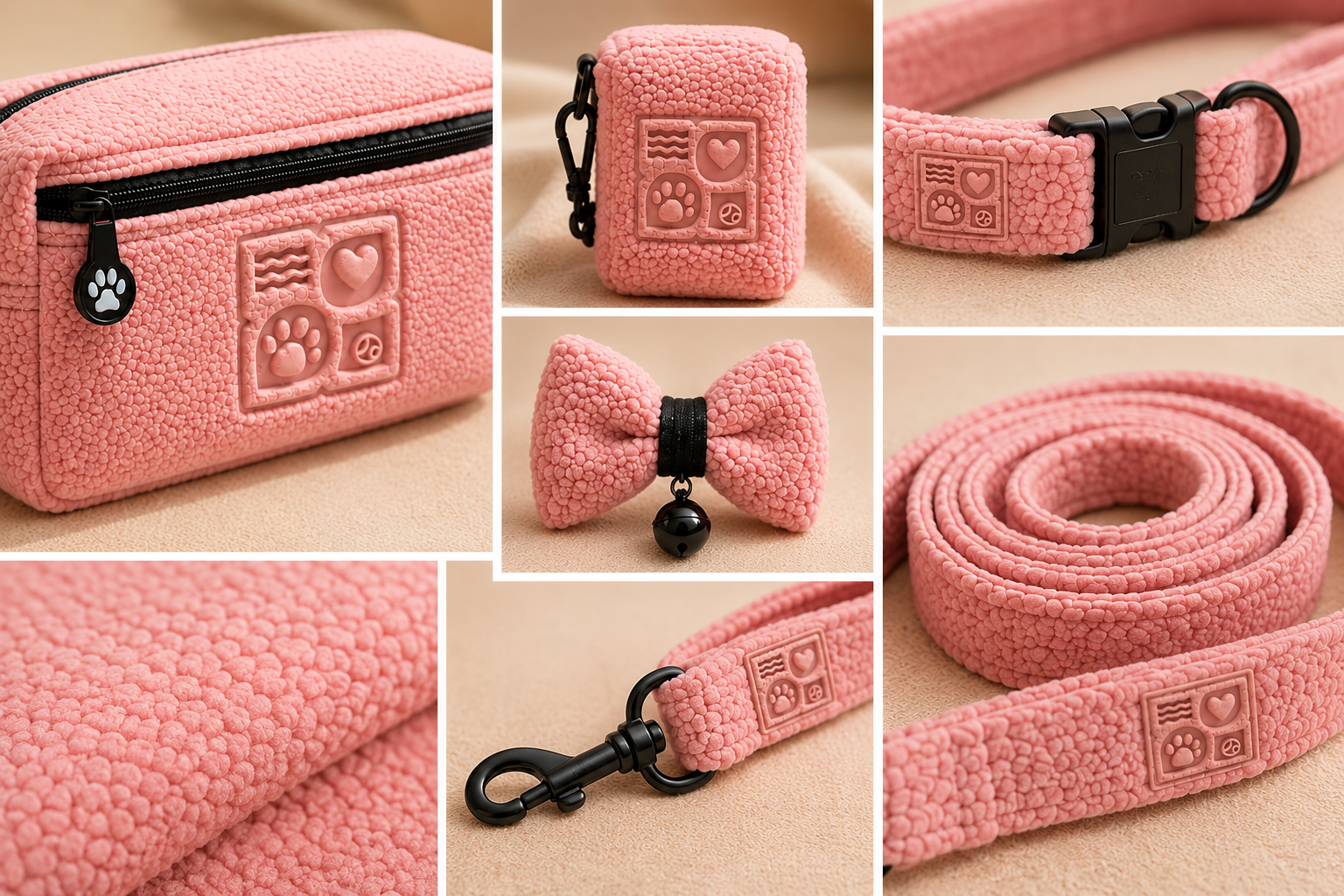 Pink pet accessories set with embossed designs on a beige background
