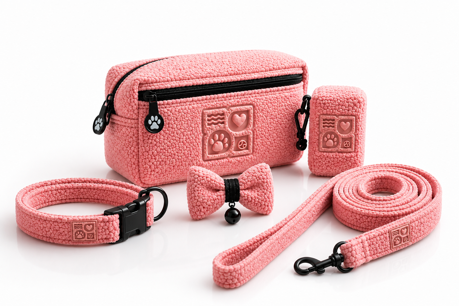 Pink pet accessories set with fuzzy texture includes collar bow tie leash