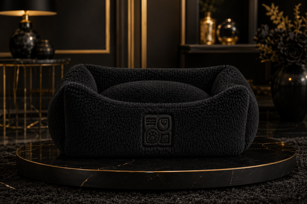 A luxurious black dog bed with a fuzzy exterior and gold accents on a marble platform in a modern