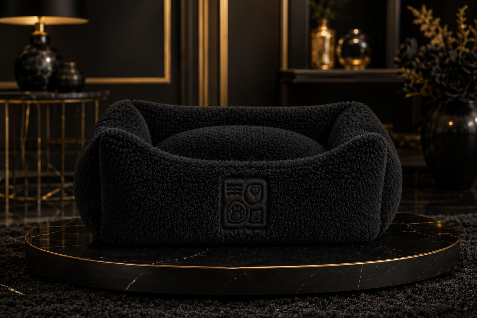 A luxurious black dog bed with a fuzzy exterior and gold accents on a marble platform in a modern