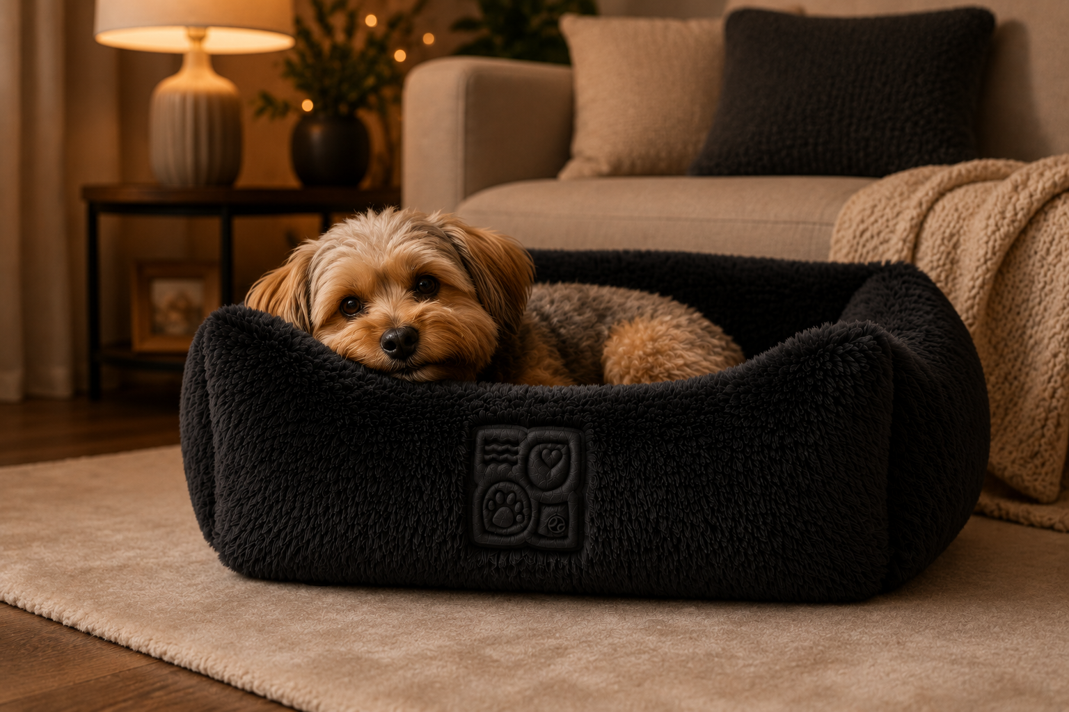 A small dog rests comfortably in a black dog bed on a beige rug in a cozy living room