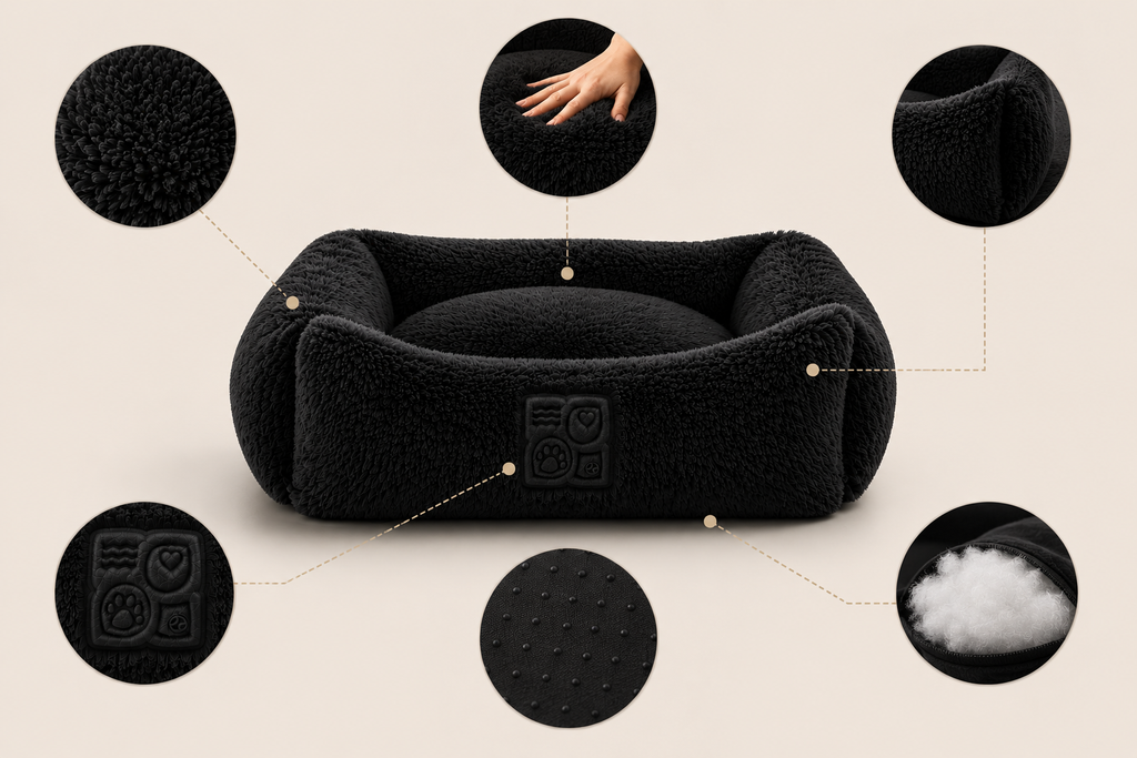 Black dog bed with fuzzy exterior and cushioned interior surrounded by detail shots