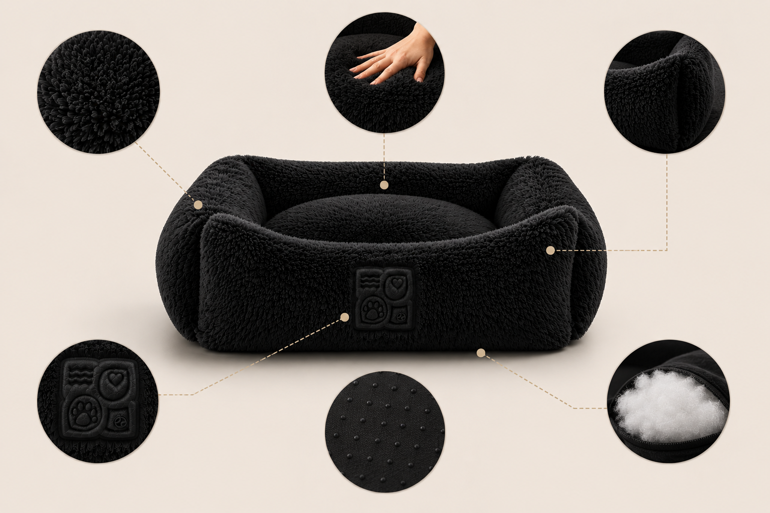 Black dog bed with fuzzy exterior and cushioned interior surrounded by detail shots