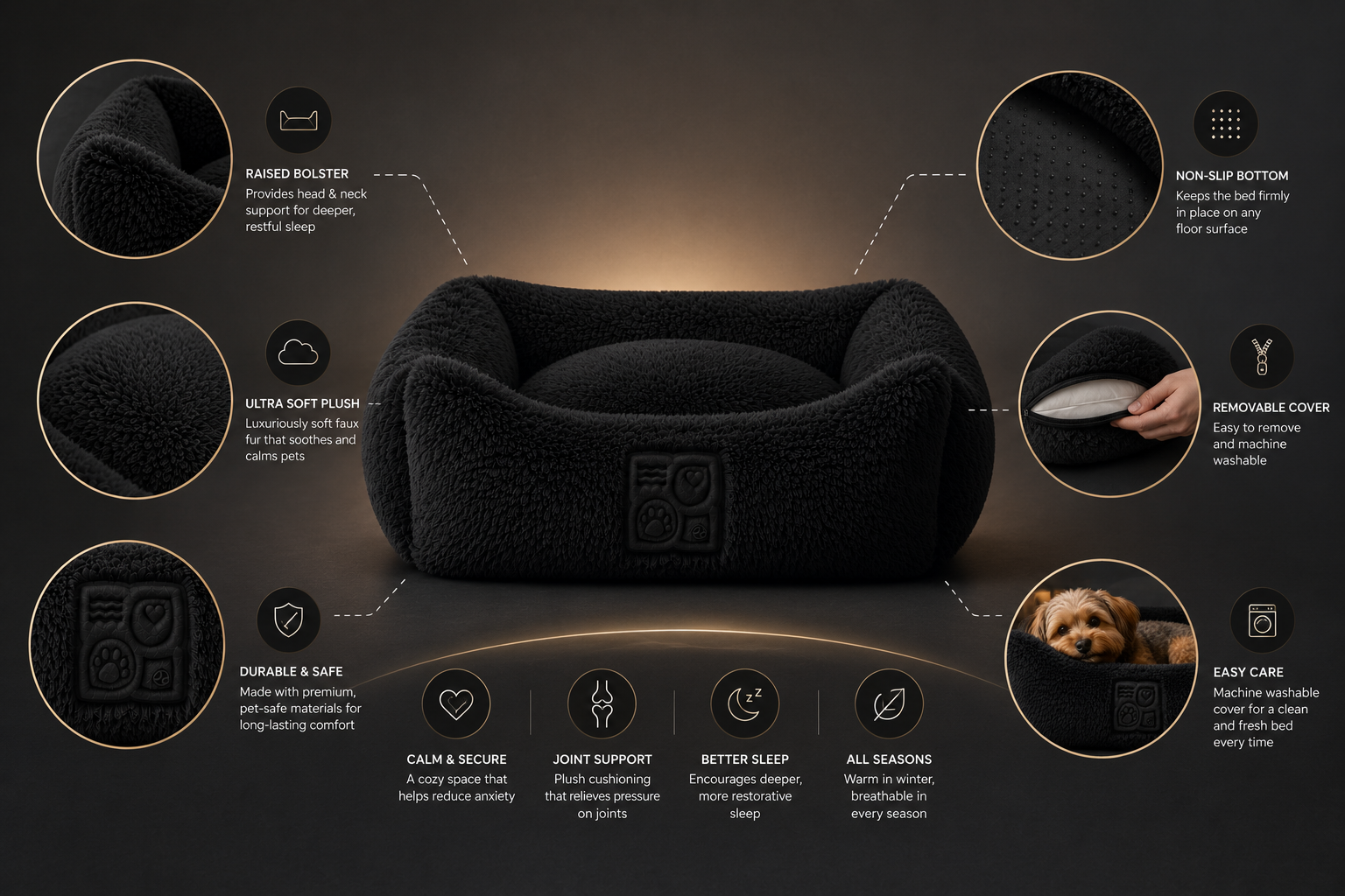Black dog bed with raised bolster and non-slip bottom for calm sleep
