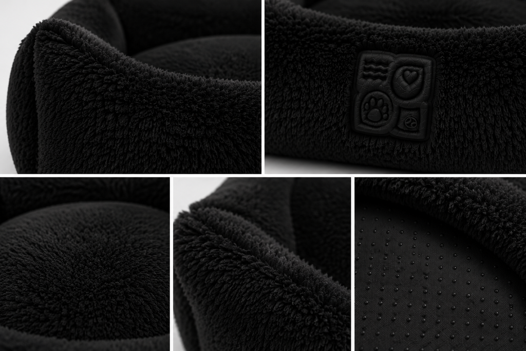 Close-up views of a black, fuzzy, pet bed with a logo and various textures