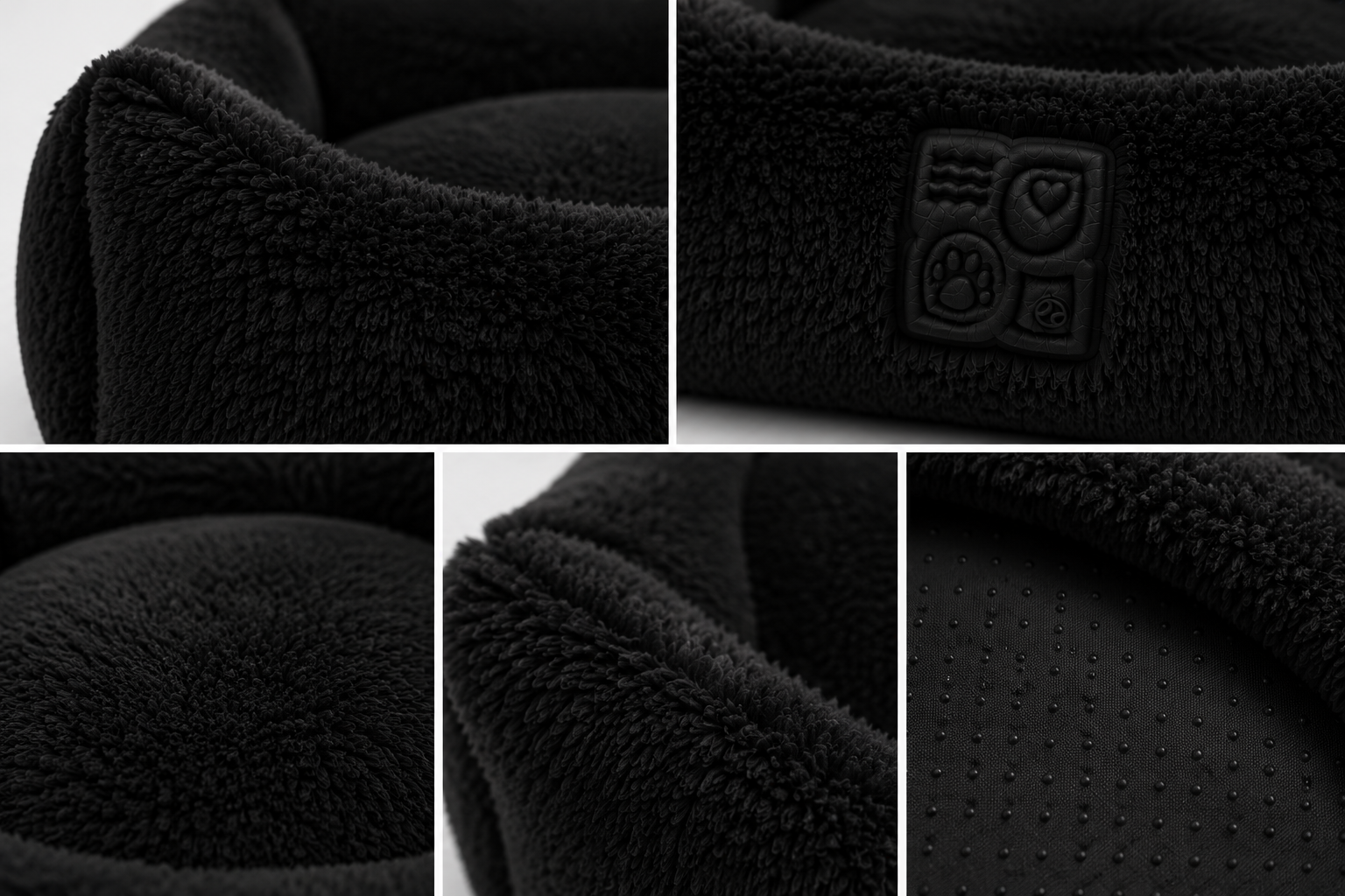 Close-up views of a black, fuzzy, pet bed with a logo and various textures