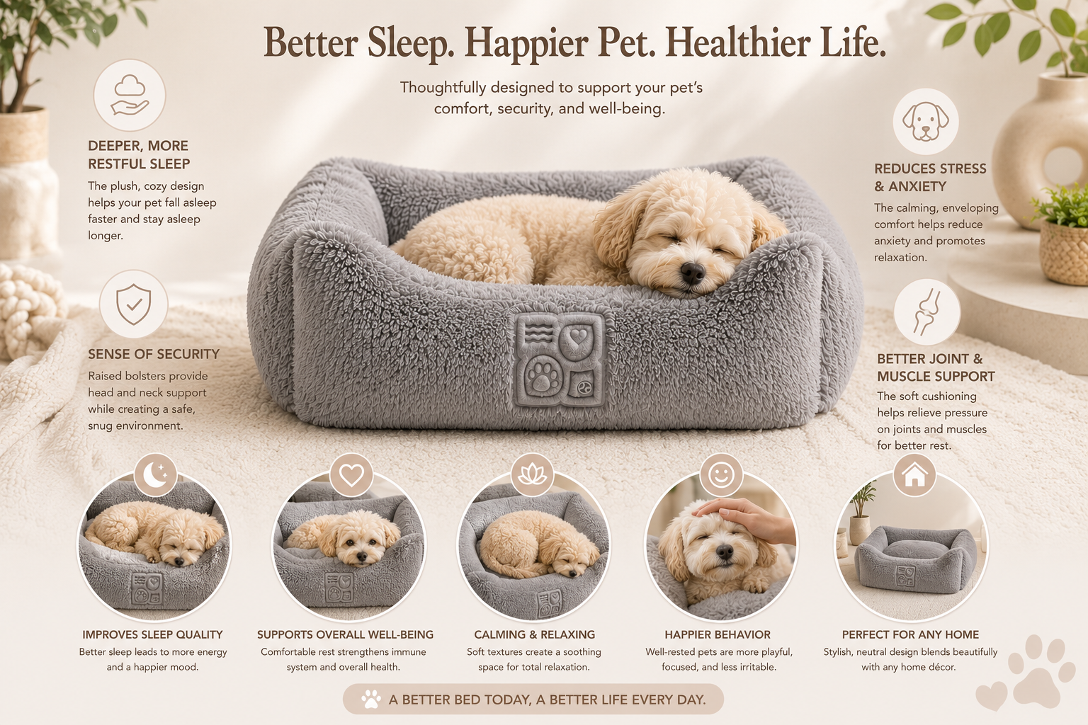 A small, light-brown dog lies comfortably in a plush gray pet bed on a beige carpeted floor