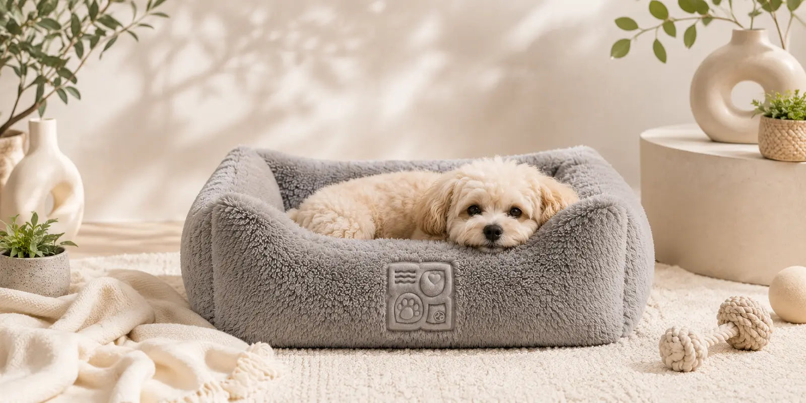 A small, light-colored dog rests comfortably in a gray, plush pet bed surrounded by decorative