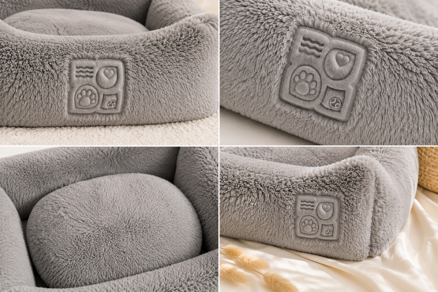 Close-up views of a plush gray pet bed with embroidered symbols on the side