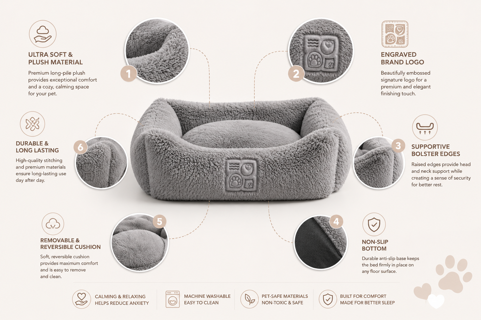 Gray pet bed with bolstered edges and engraved logo on a beige background