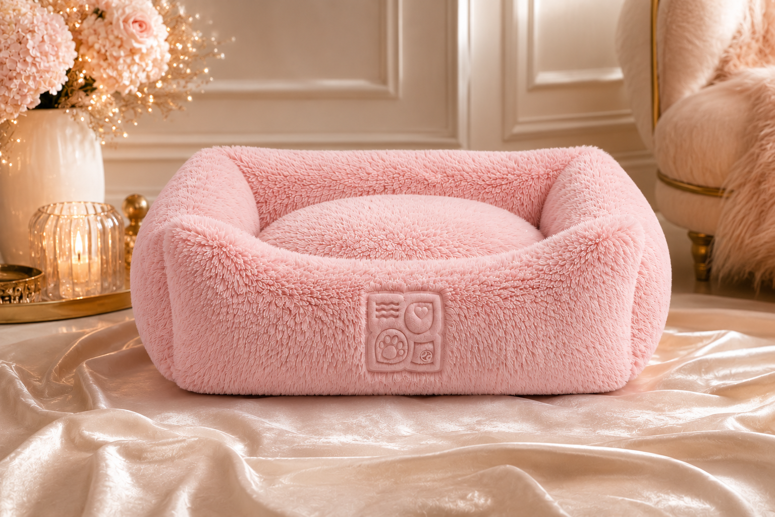 A plush pink pet bed with a fuzzy texture and embossed logo sits on a shiny beige fabric surface