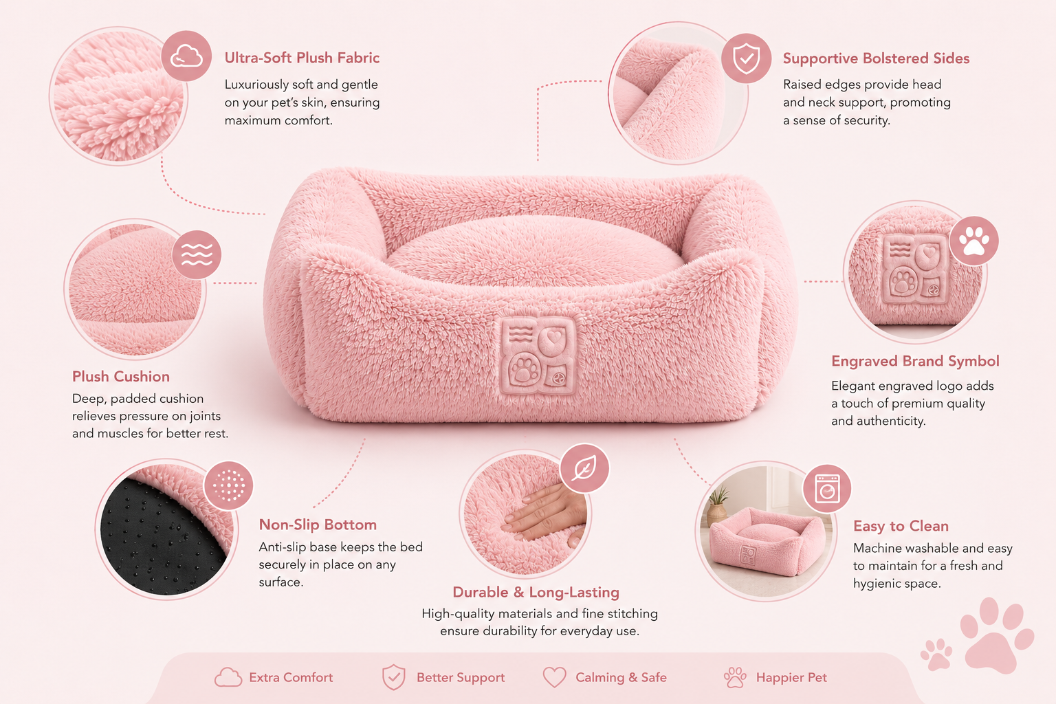 Pink pet bed with bolstered sides and plush cushion for comfort and support