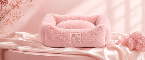 Soft pink pet bed on a draped table with flowers and a serene background