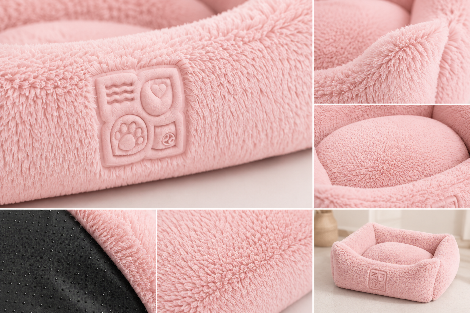 Soft pink pet bed with embossed logo and plush texture in collage